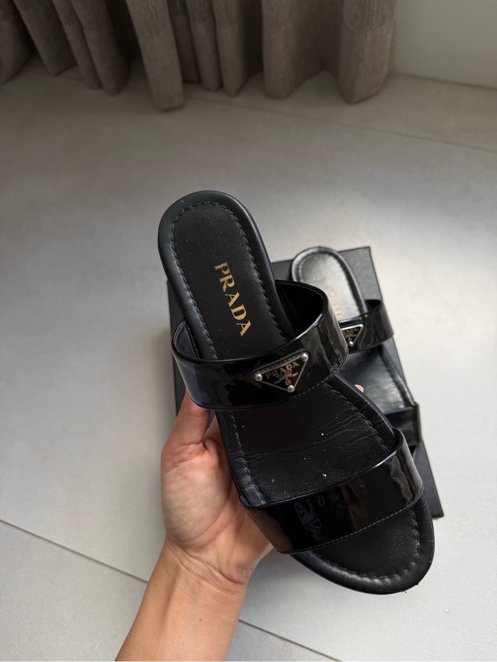 Prada Black Patent Leather Double-Strap Slide Sandals - Picture 5 of 8